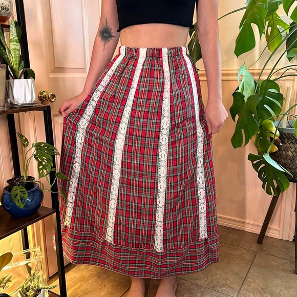 RARE Vintage 70s Mr. Hank Plaid Prairie Maxi Skirt Patchwork Lace Hippie Gypsy - Picture 2 of 12